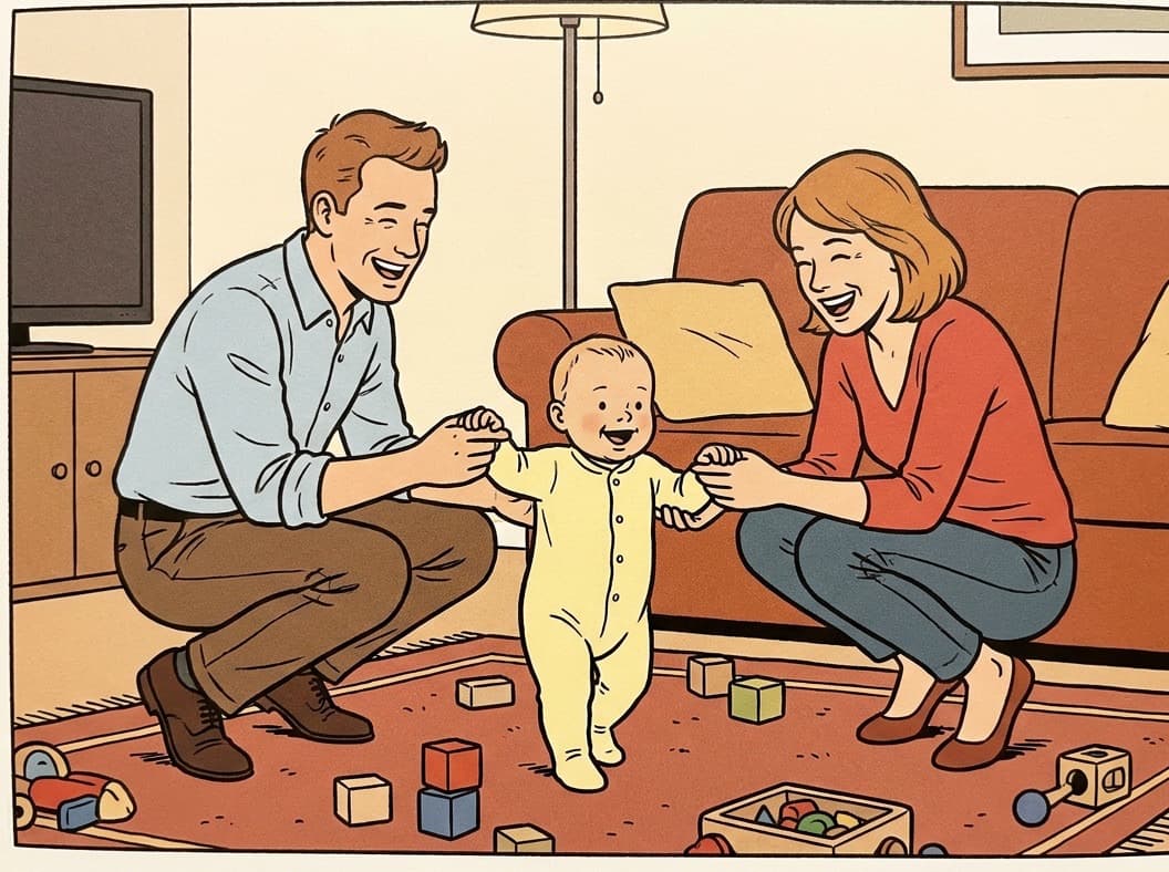 Un bébé fait ses premiers pas entre les mains de ses parents