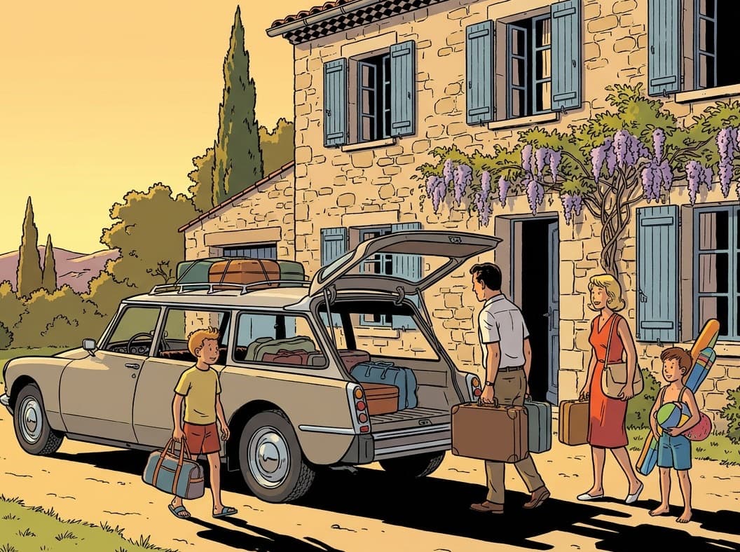 Une famille décharge la voiture devant une maison de vacances en pierre