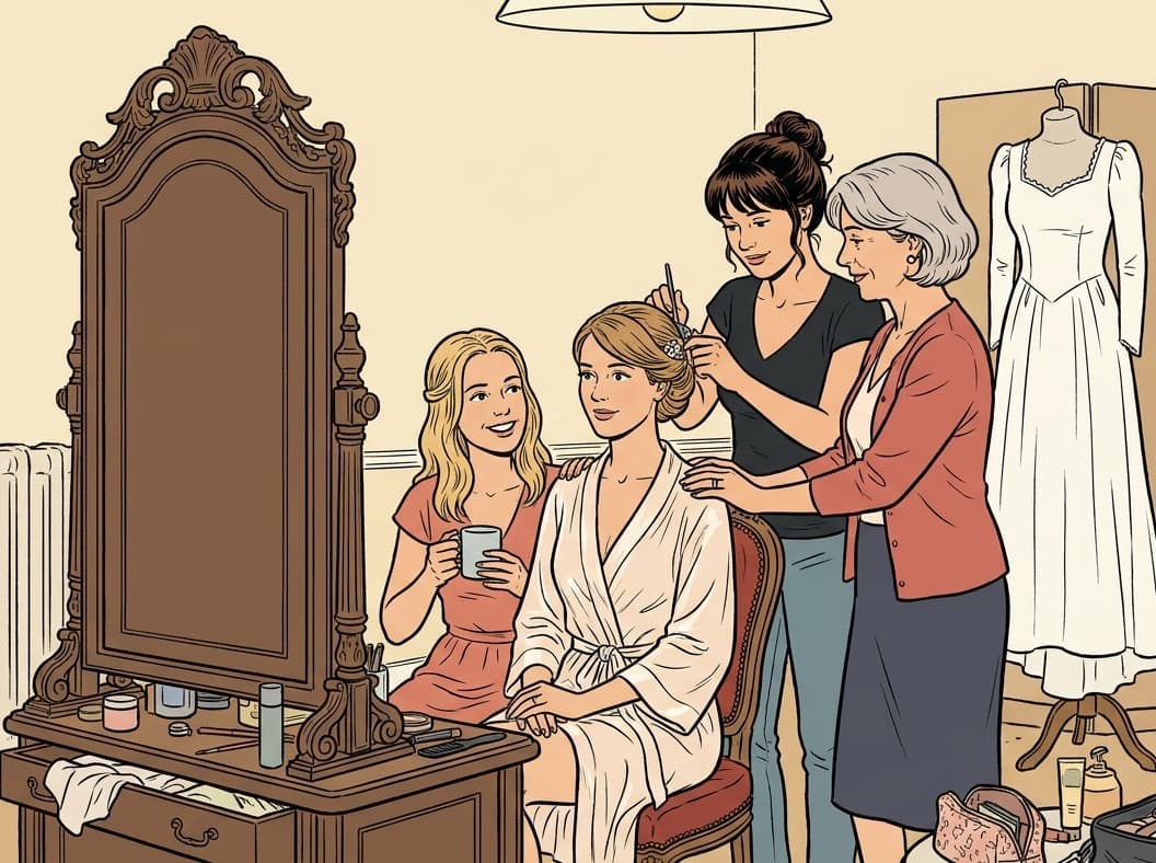 Les préparatifs du matin, la mariée se fait coiffer