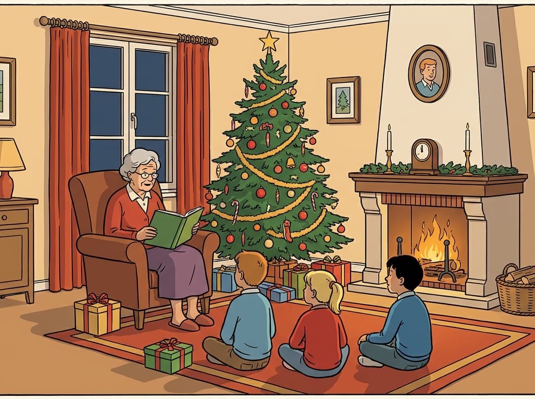 Un salon la veille de Noël, sapin décoré et cheminée allumée