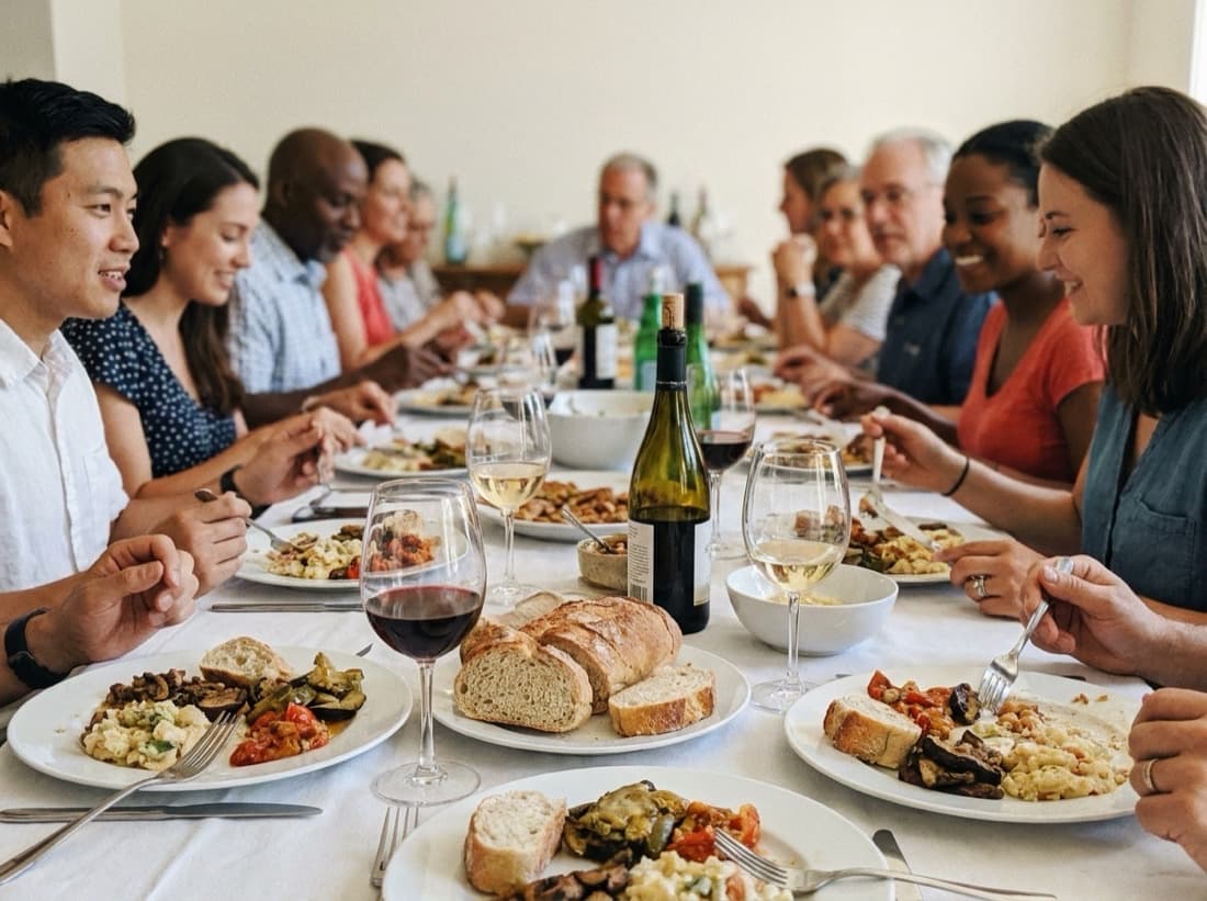 Une photo de repas de famille prise à bout de bras au-dessus de la table