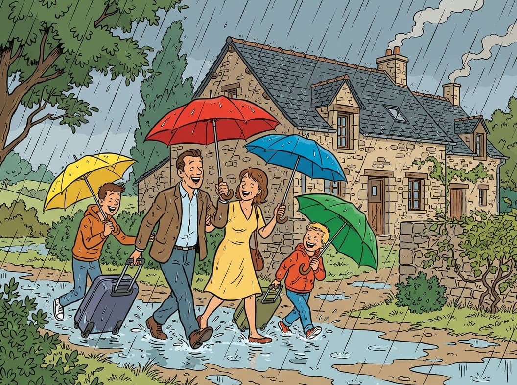 Une famille arrive sous la pluie devant un gîte, parapluies colorés